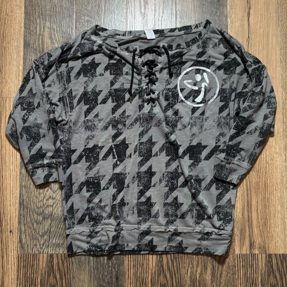 Zumba Fitness Houndstooth Lace Up Long Sleeve Tee Women's Size Large - EUC! - Picture 1 of 5